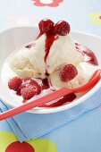 Vanilla ice cream with raspberry sauce