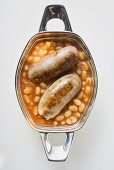 Baked beans with sausages (overhead view)