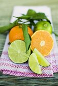 Clementinen und Limetten mit Blättern