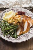 Turkey breast with green beans, bread stuffing & mashed potato