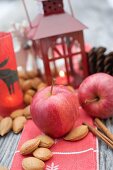 Weihnachtsdeko mit Äpfeln, Nüssen, Zimt und Laterne