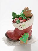 Christmas biscuits and sweets in chocolate boot