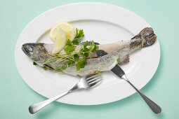Trout with parsley, lemon and fish knife and fork on plate