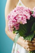 Woman holding bunch of pink hydrangeas