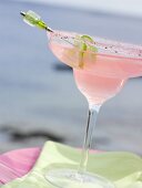 Pink cocktail in glass with sugared rim
