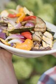 Hands holding a plate of grilled vegetables