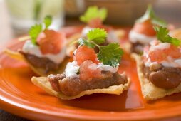 Nachos with beans, sour cream and tomatoes