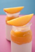 Two mango yoghurts, each with a wedge of mango