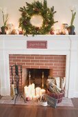 Fireplace decorated for Christmas in living room