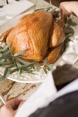 Woman garnishing roast turkey with herbs