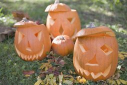 Carved pumpkin faces in garden