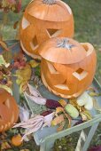 Autumnal garden decoration with pumpkins, corncobs & leaves