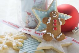 Assorted Christmas biscuits, ribbon, Christmas bauble