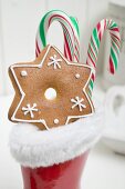 Gingerbread star and candy canes in red rubber boot