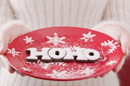 Hände halten weihnachtlichen Teller mit Buchstaben HOHO
