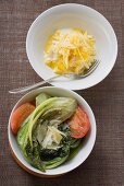 Yellow carrots with yoghurt, braised romaine lettuce with tomatoes