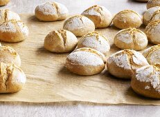 Organic bread rolls on baking parchment