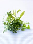 Bunch of herbs on checked fabric