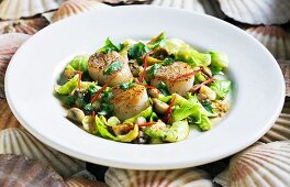 Scallop salad with brussels sprouts and mushrooms