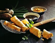 Chicken spring rolls with a chilli and pineapple dip