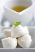 Mozzarella with basil leaf in front of olive oil