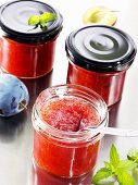 Three jars of plum jam