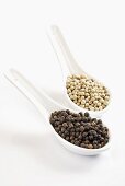 Black and white peppercorns on spoons