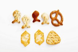 Assorted snacks (salted pretzels, crackers, fish-shaped crackers)