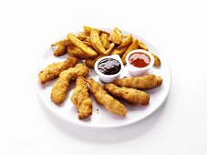 Chicken fingers and potato wedges with dip