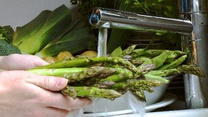 Washing green asparagus under running water