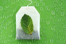 Tea bag and mint leaf