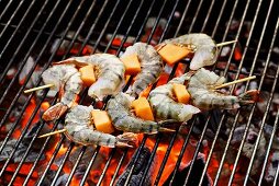 Prawn skewers on barbecue