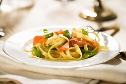 Salmon and Asparagus Pasta; On White Plate