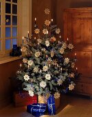 Weihnachtsbaum mit Strohsternen und  blauen Kerzen