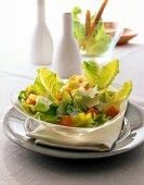 Glass bowl with green salad on plate