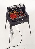 Schwarzer Elektrogrill mit gegrilltem Gemüse und Folienkartoffeln