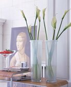 2 hohe, schmale Vasen aus milchigem Glas mit Callas gefüllt