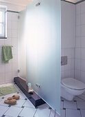Dusche auf Granitsockel mit Milchglastür,die verlängert WC abtrennt
