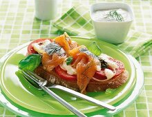 (KH),Brot mit Tomate, Räucherlachs, Morzarella