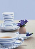 Blau gestreifte Frühstückskeramik, Tasse mit Tee, Blumenstrauss im Ei