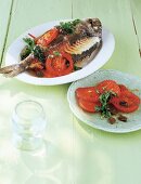 Roasted sea bream and tomato slices on plate