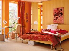 View of bedroom with yellow wall and oranges curtains
