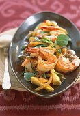 Close-up of Goong Kratiern garlic prawns with chilli in serving dish