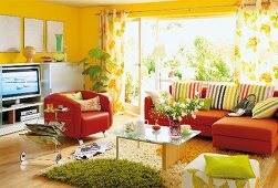 Living room with yellow walls decorated with colourful furniture