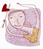 Illustration of woman holding arrowed heart symbolizing the zodiac sign Sagittarius