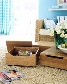 Magazines in wooden low container and carpet