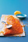 Close-up of marinated salmon with sea salt on foil paper