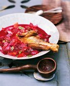 Russian borscht with cabbage soup and meat in serving dish
