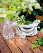 Karaffe mit Wasser, Teller + Gläser auf Holztisch im Garten, close up