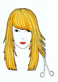 Illustration, Zeichnung einer Frisur mit Schere, Blonde Haare, Stufen